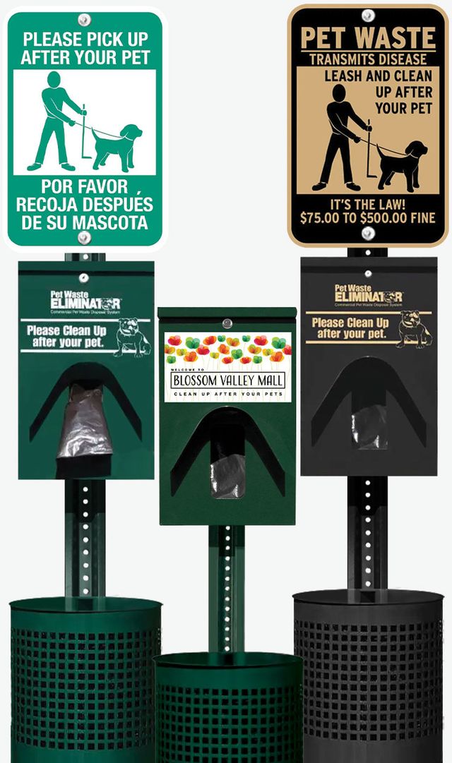 Custom and Superior Metal Pet Waste Eliminator Pet Waste Stations for Shopping Malls and Centers Shop our Lifetime Guaranteed Metal Pet Waste Stations with your choice of dispenser box, trash can and pet waste sign. Add your own branding for a cohesive look.