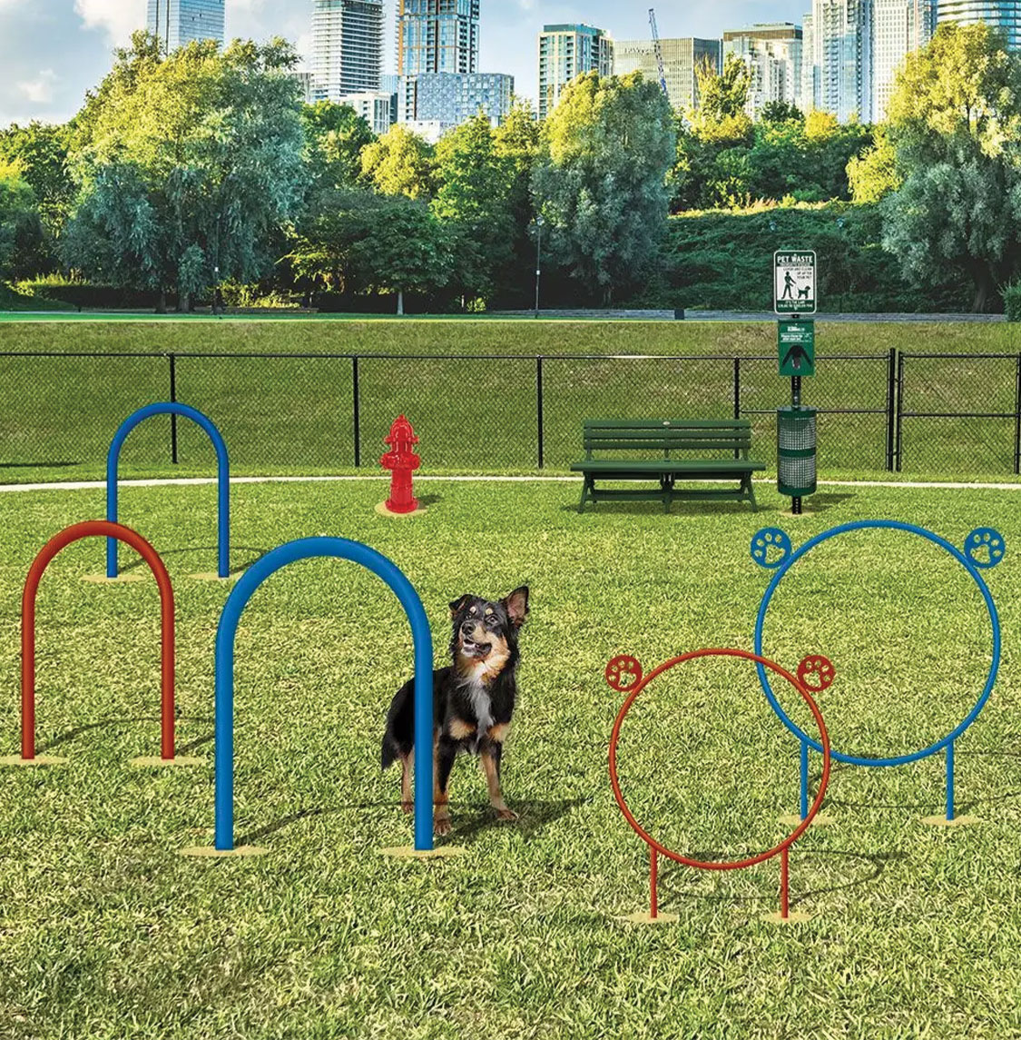 Resident and Pet Friendly Amenities – Dog Park Champion Dog Park Course includes 3 Dog Dashes, 1 Small Hoop, 1 Large Hoop, Fire Hydrant, Resin Bench and Lifetime Guaranteed Metal Superior Pet Waste Station.