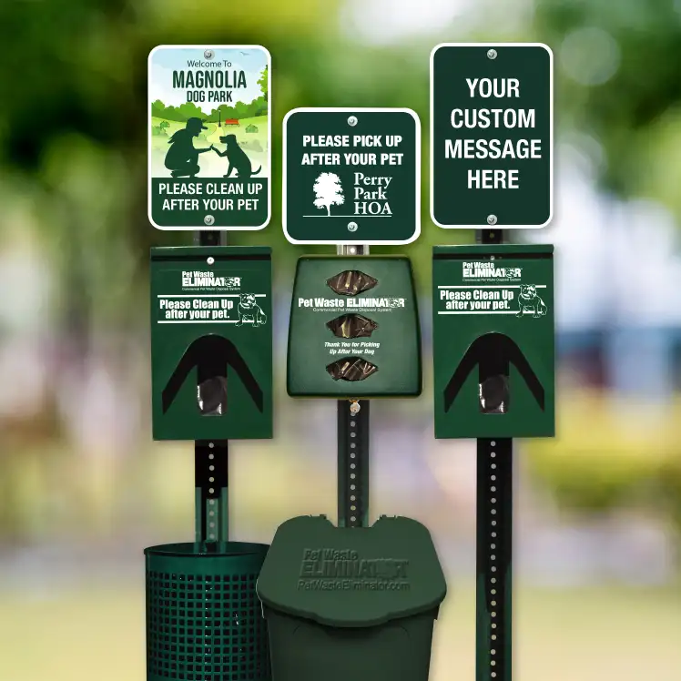 Custom Pet Waste Stations available in both metal and plastic.
