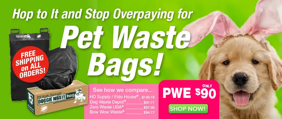 Stop overpaying for pet waste bags with bag price comparison chart featuring Pet Waste Eliminator&rsquo; pet waste bags on a roll and header pet waste bags. PWE pet bags are only $90!