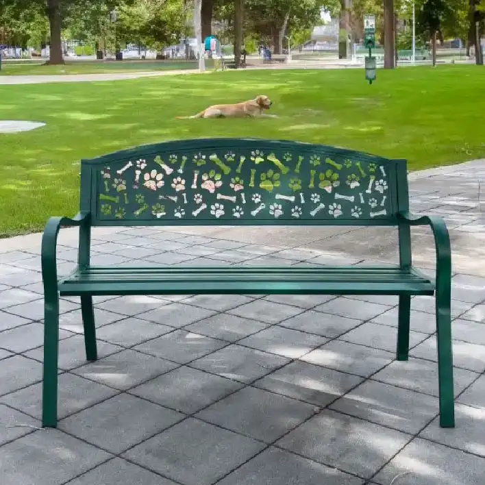 Steel Dog Park Bench with dog-themed design ships today!